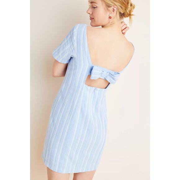 By Anthropologie Cape May Blue Stripe Boat Neck Bow-Tie Back Linen Mini Dress - Picture 6 of 10